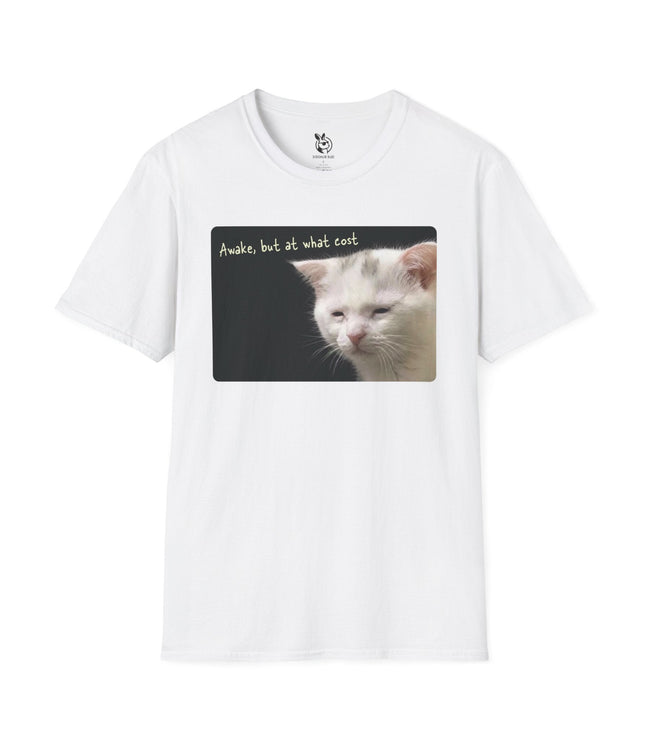White t-shirt with a graphic of a cat having a hard time staying awake.