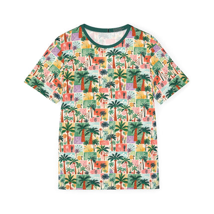 The front of a soft polyester sports jersey featuring a doodled pattern of palm trees, flora and pastels.