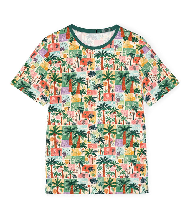 The front of a soft polyester sports jersey featuring a doodled pattern of palm trees, flora and pastels.