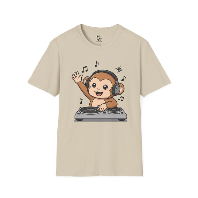 Cute DJ Monkey Soft Cotton Unisex T-Shirt in Sand .