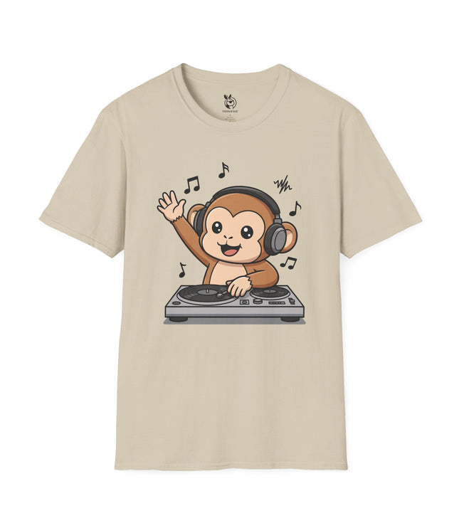 Cute DJ Monkey Soft Cotton Unisex T-Shirt in Sand .