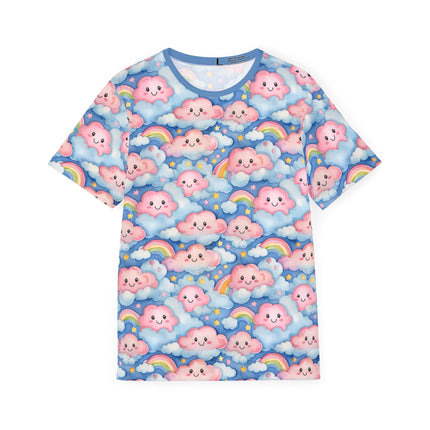 The front of a soft polyester sports jersey featuring a pastel pattern of happy pink clouds in a starry blue sky.