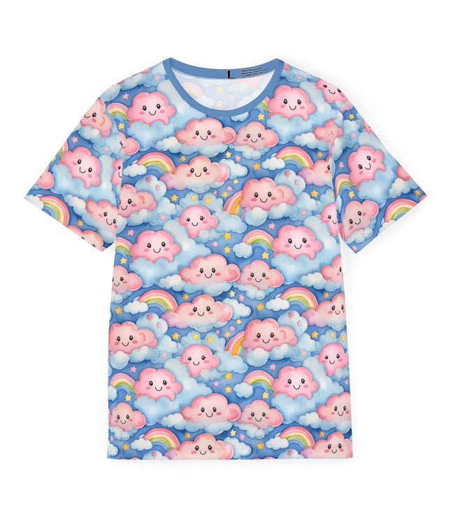 The front of a soft polyester sports jersey featuring a pastel pattern of happy pink clouds in a starry blue sky.