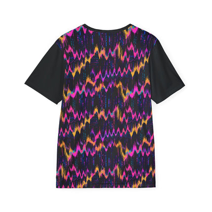 The back of a soft polyester sports jersey featuring a pattern of pink and orange glitch waves on a black background.