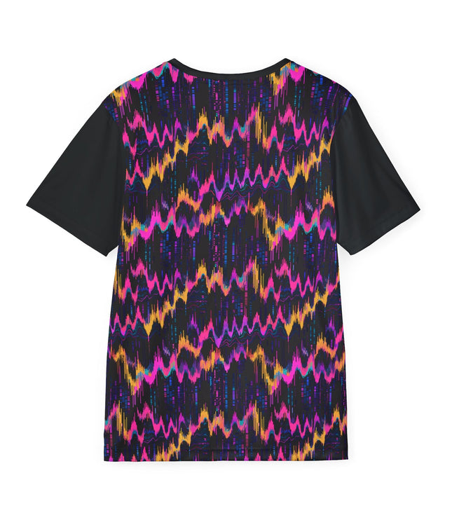 The back of a soft polyester sports jersey featuring a pattern of pink and orange glitch waves on a black background.