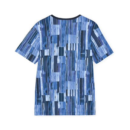 The back of a soft polyester sports jersey featuring a dripping pattern of squares and rectangles in cool blue tones.