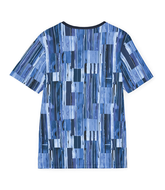 The back of a soft polyester sports jersey featuring a dripping pattern of squares and rectangles in cool blue tones.