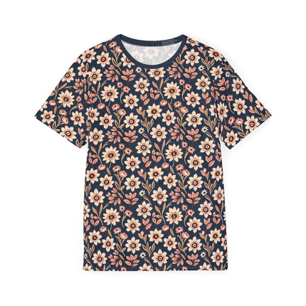 The front of a soft polyester sports jersey featuring a flat floral design pattern of pale beige flowers on blue.