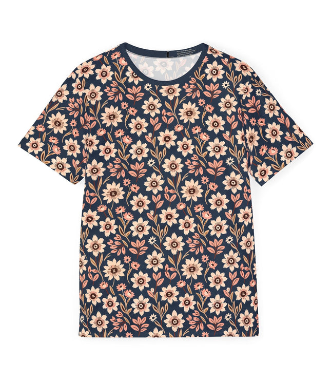 The front of a soft polyester sports jersey featuring a flat floral design pattern of pale beige flowers on blue.