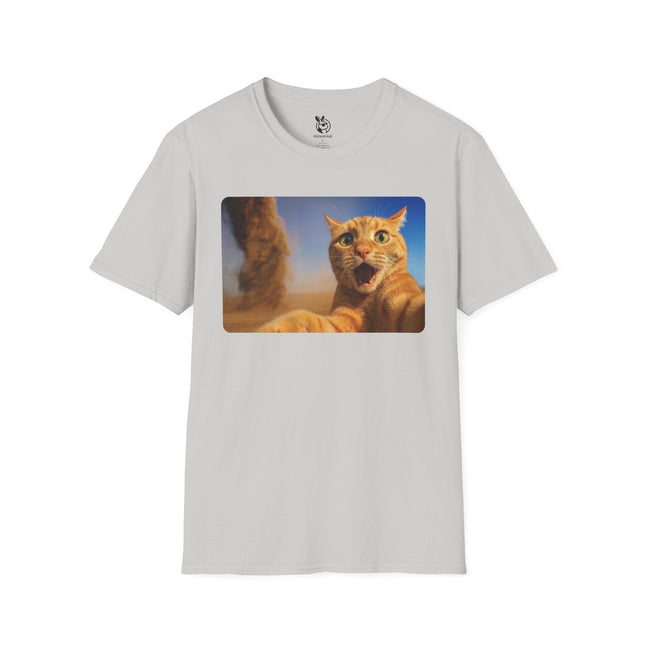 Light gray t-shirt with a graphic of a cat freaking out over a tornado in the background.