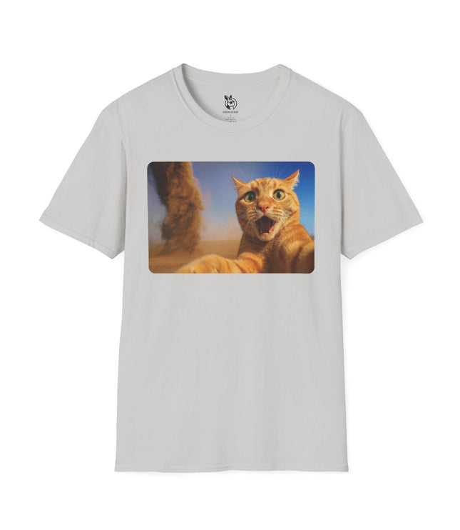 Light gray t-shirt with a graphic of a cat freaking out over a tornado in the background.
