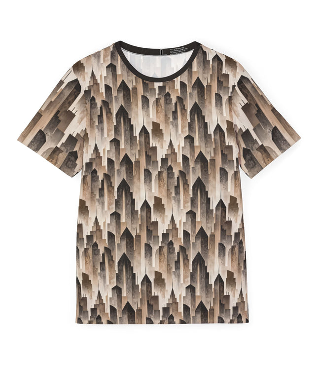 The front of a soft polyester sports jersey featuring a pattern of beige skyscraper silhouettes.