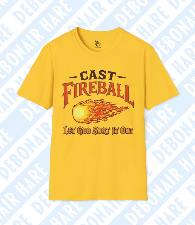 A yellow t-shirt depicting "Cast fireball, let God sort it out"