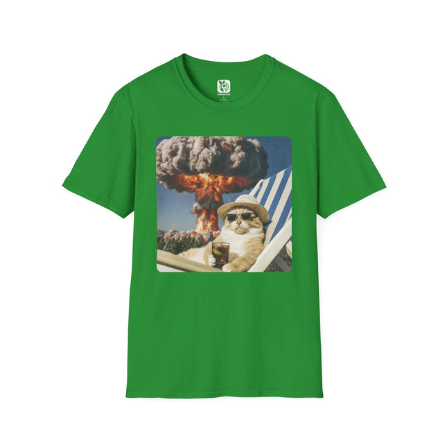 Green t-shirt with a graphic of a cat on a beach chair watching an atomic bomb explosion.