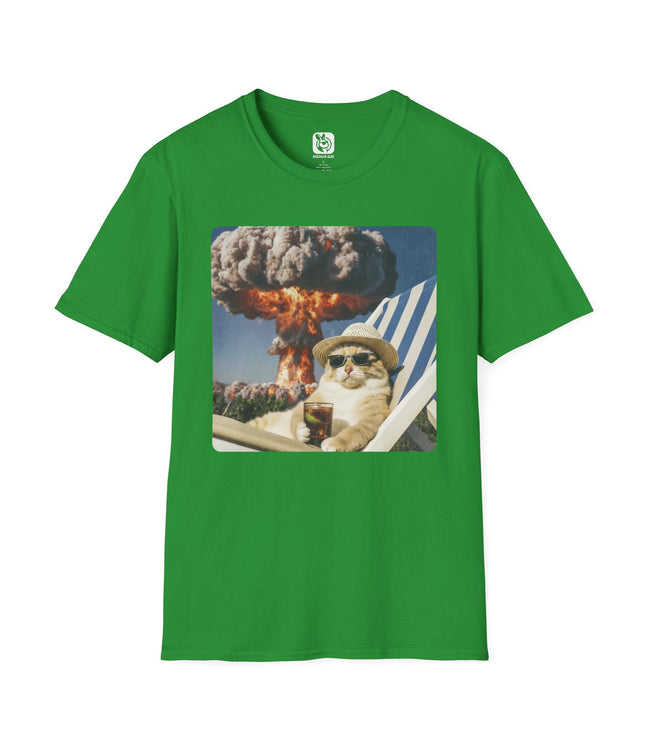 Green t-shirt with a graphic of a cat on a beach chair watching an atomic bomb explosion.