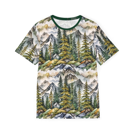 The front of a soft polyester sports jersey featuring a watercolor pattern of mountain peaks and clouds.