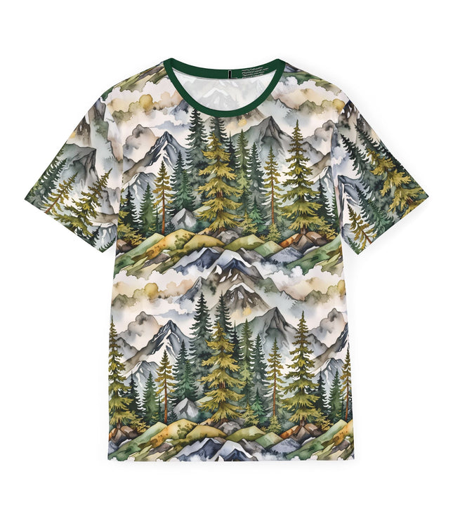 The front of a soft polyester sports jersey featuring a watercolor pattern of mountain peaks and clouds.