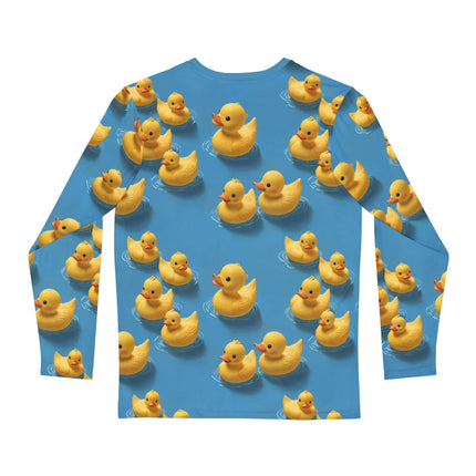 The back of a blue long sleeve shirt adorned with lots of rubber ducks