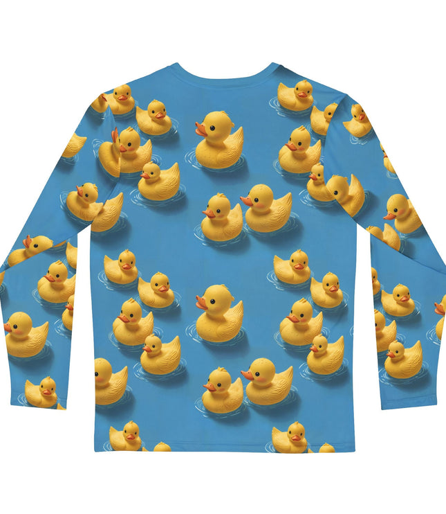 The back of a blue long sleeve shirt adorned with lots of rubber ducks