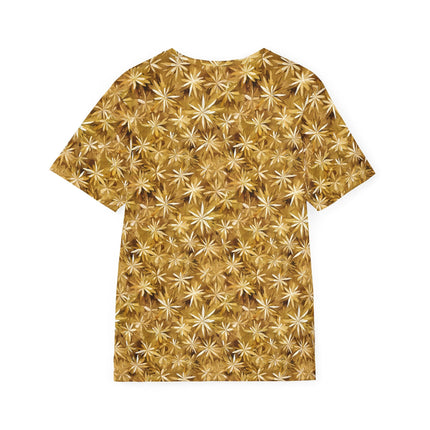 The back of a soft polyester sports jersey featuring a gold pattern of starbursts.