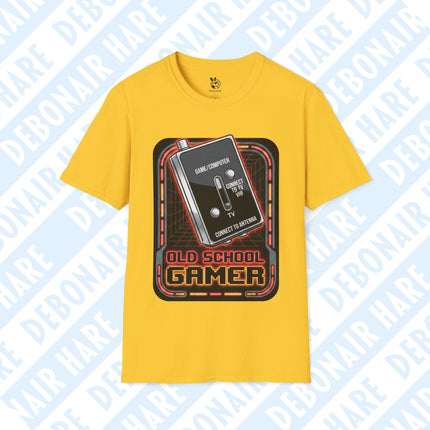 A yellow t-shirt with an Old School Gamer graphic featuring an old TV adapter switch.