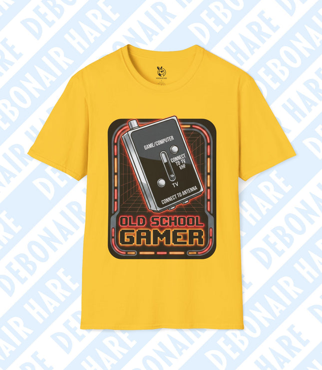 A yellow t-shirt with an Old School Gamer graphic featuring an old TV adapter switch.