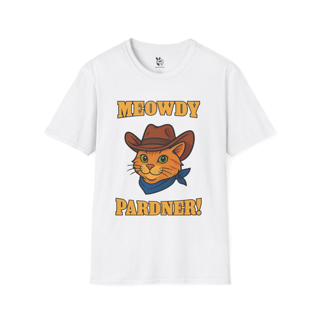 Meowdy Partner Cowboy Cat Unisex T-Shirt in White .