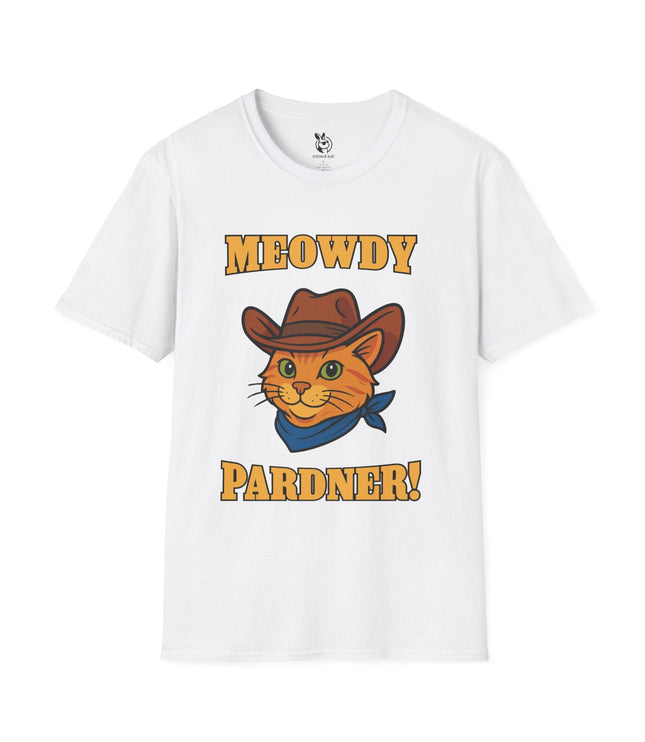 Meowdy Partner Cowboy Cat Unisex T-Shirt in White .