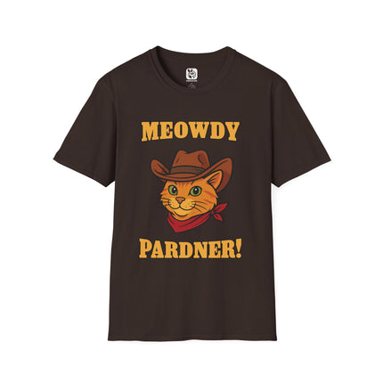 Meowdy Partner Cowboy Cat Unisex T-Shirt in Dark Chocolate .