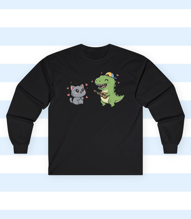 Black long-sleeve shirt with a cartoon adoring cat and musician dinosaur graphic