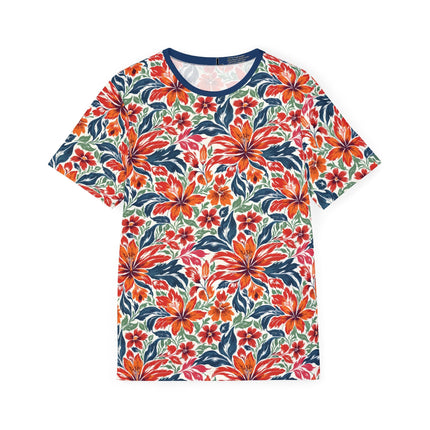 The front of a soft polyester sports jersey featuring a flat pattern of floral prints in orange, red, blue and green.