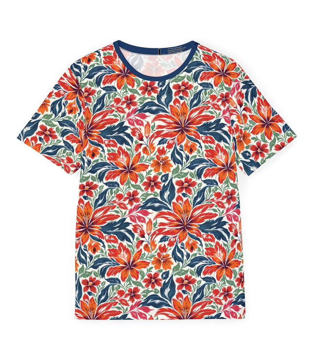 The front of a soft polyester sports jersey featuring a flat pattern of floral prints in orange, red, blue and green.