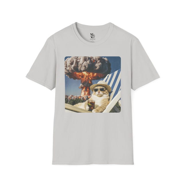 Light gray t-shirt with a graphic of a cat on a beach chair and an explosion in the background.