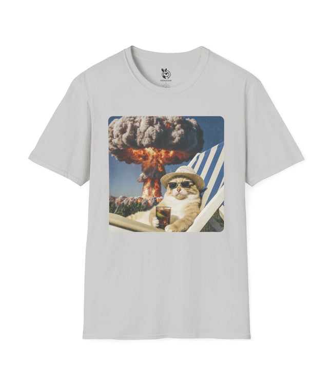 Light gray t-shirt with a graphic of a cat on a beach chair and an explosion in the background.