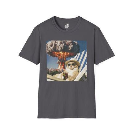 Gray t-shirt with a graphic of a cat in sunglasses sitting on a beach chair with an atomic bomb explosion in the background.