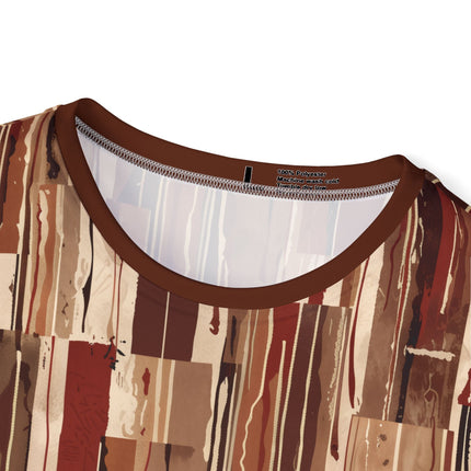 The neck of a soft polyester sports jersey featuring a dripping pattern of squares and rectangles in earthy brick tones.