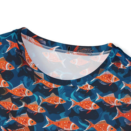 The neck of a soft polyester sports jersey featuring a pattern of swimming orange fish on a blue background.