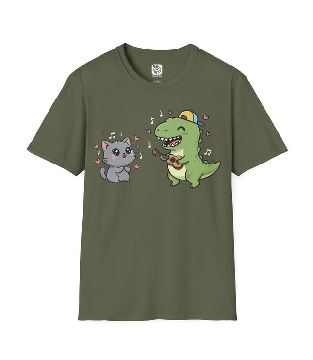 Cute Kawaii Musician Dinosaur & Adoring Kitty Soft Cotton Unisex T-Shirt in Military Green .