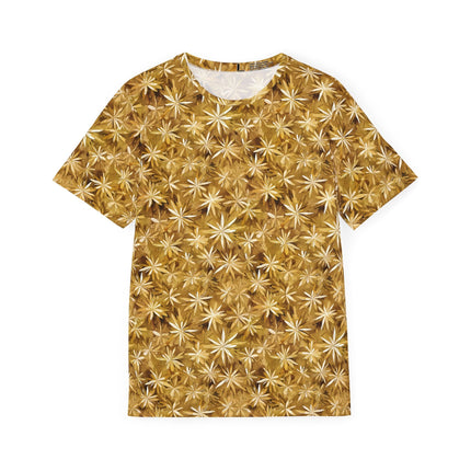 The front of a soft polyester sports jersey featuring a gold pattern of starbursts.