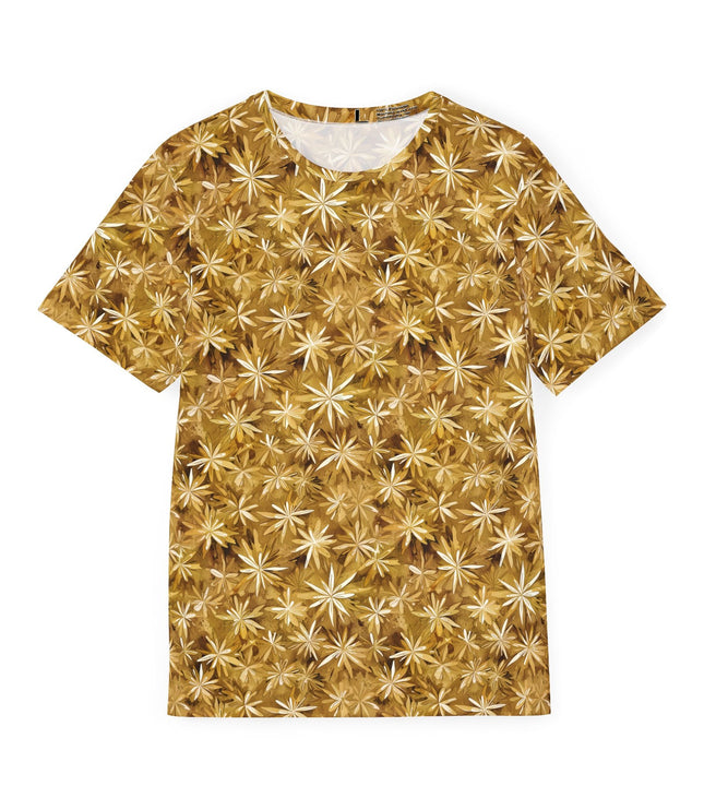 The front of a soft polyester sports jersey featuring a gold pattern of starbursts.