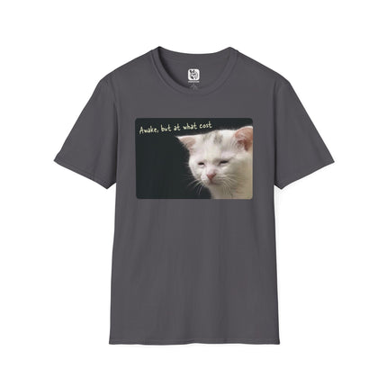 Gray t-shirt with a graphic of a cat having a hard time staying awake.