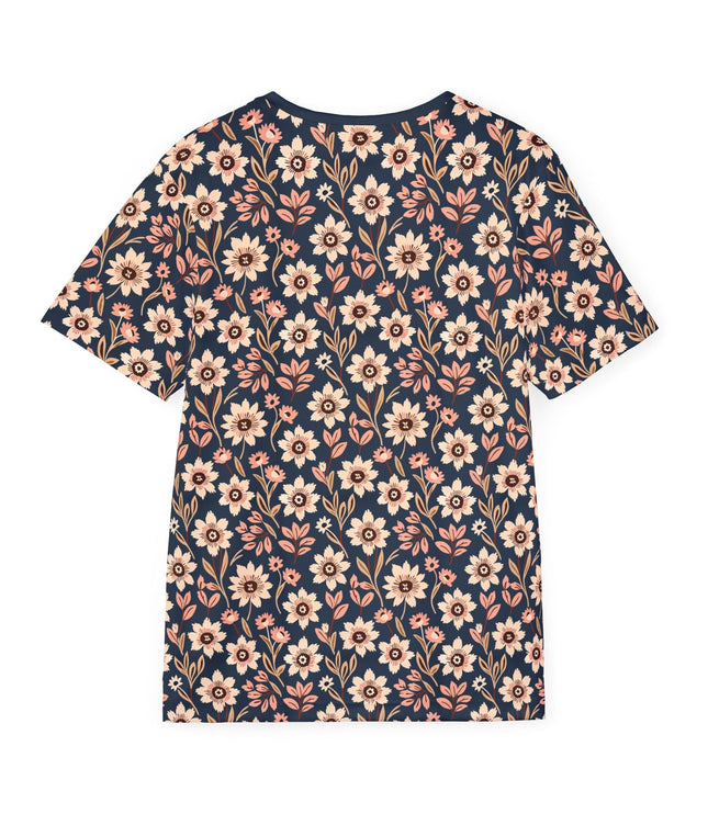 The back of a soft polyester sports jersey featuring a flat floral design pattern of pale beige flowers on blue.