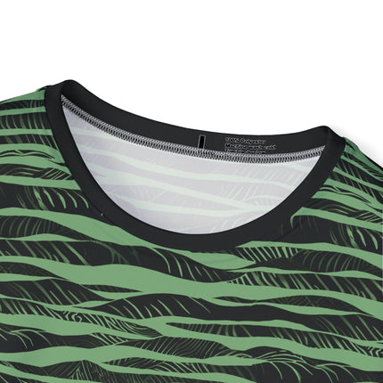 The neck of a soft polyester sports jersey featuring a green and black horizontal stripe pattern.