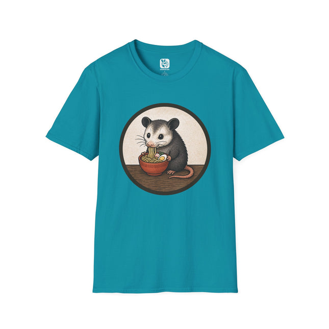 Possum Eating Ramen Noodles Unisex T-Shirt in Tropical Blue .