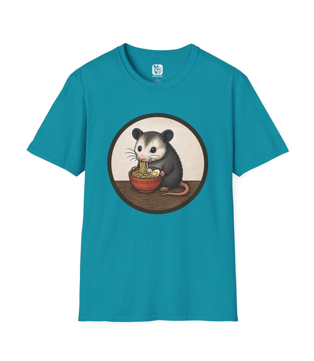 Possum Eating Ramen Noodles Unisex T-Shirt in Tropical Blue .