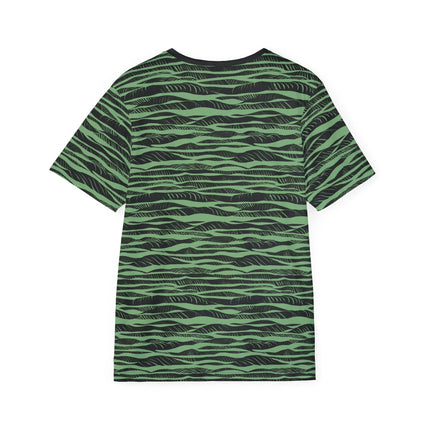 The back of a soft polyester sports jersey featuring a green and black horizontal stripe pattern.
