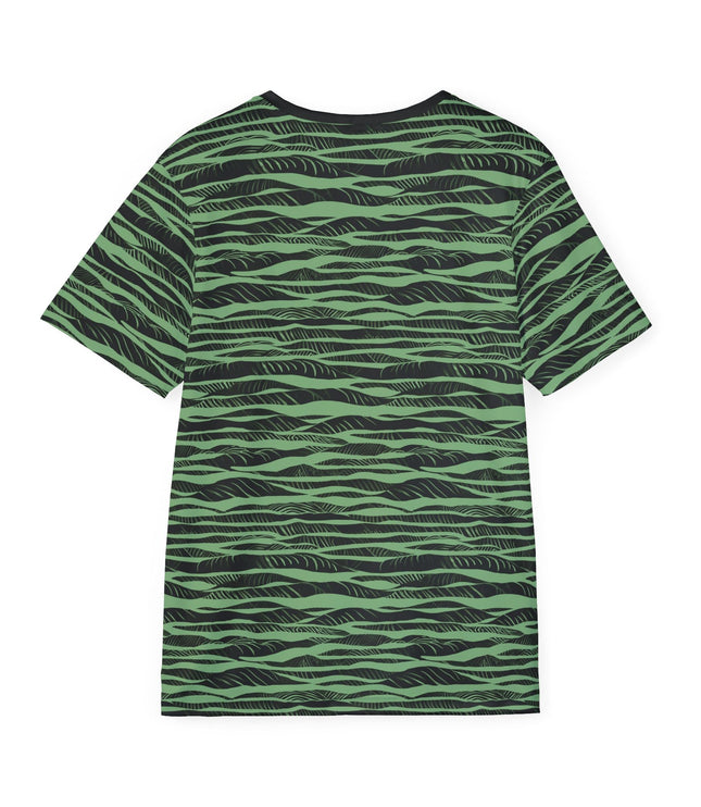 The back of a soft polyester sports jersey featuring a green and black horizontal stripe pattern.