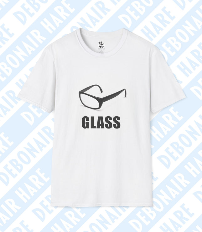A white t-shirt depicting glasses with a frame for only one eye, and the caption "Glass"