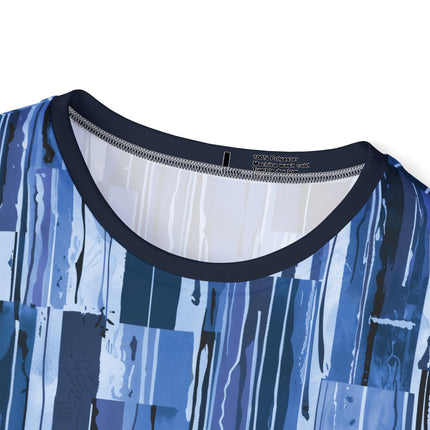 The neck of a soft polyester sports jersey featuring a dripping pattern of squares and rectangles in cool blue tones.