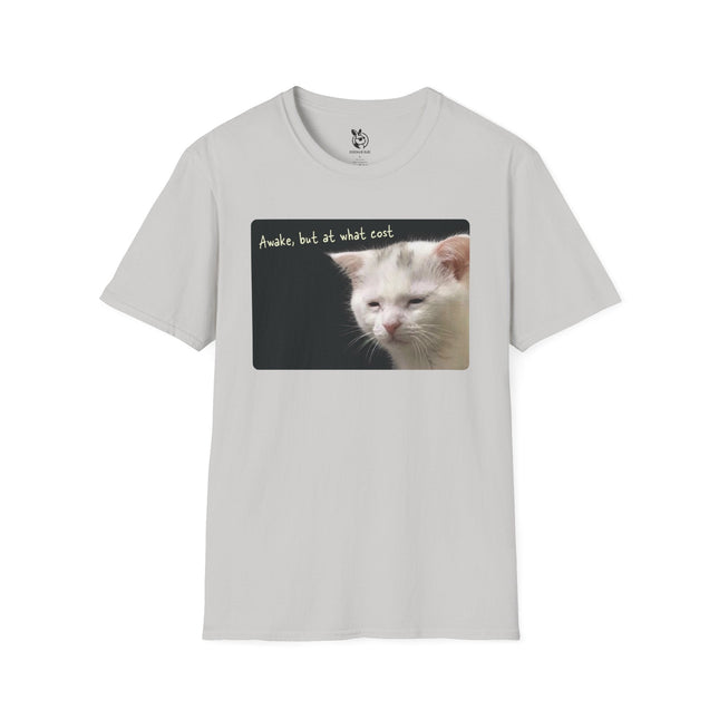 Light gray t-shirt with a graphic of a cat having a hard time staying awake.
